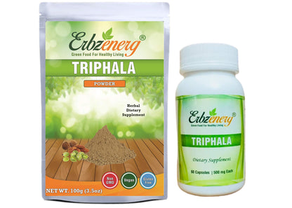ERBZENERG Organic TRIPHALA Powder 100g and 60 Capsules