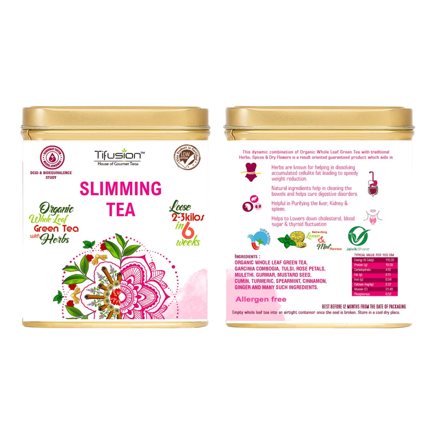 Tifusion Slimming Healthy Green Tea for with Garcinia, Cinnamon, Ginger, Ashwagandha, Tulsi | Natural Herbal Whole Loose Leaf With Herbs| 100 Gms 50 Serving Cups