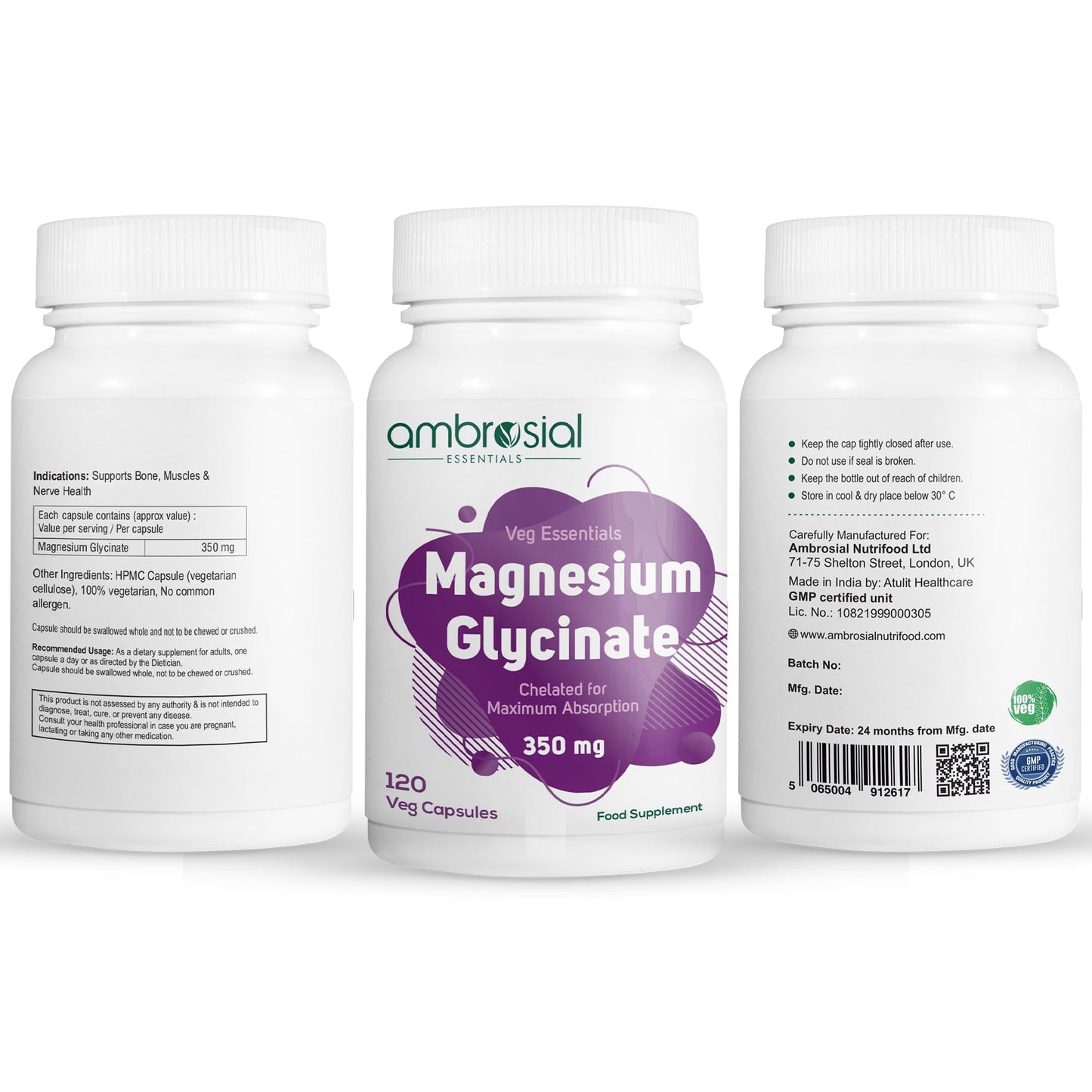 Ambrosial Magnesium Glycinate 350mg | High Absorption Magnesium Supplement for Enhanced Muscle and Nerve Function | Promotes Optimal Bone Health | Tiredness and Fatigue (Pack of 1-120 Capsules)