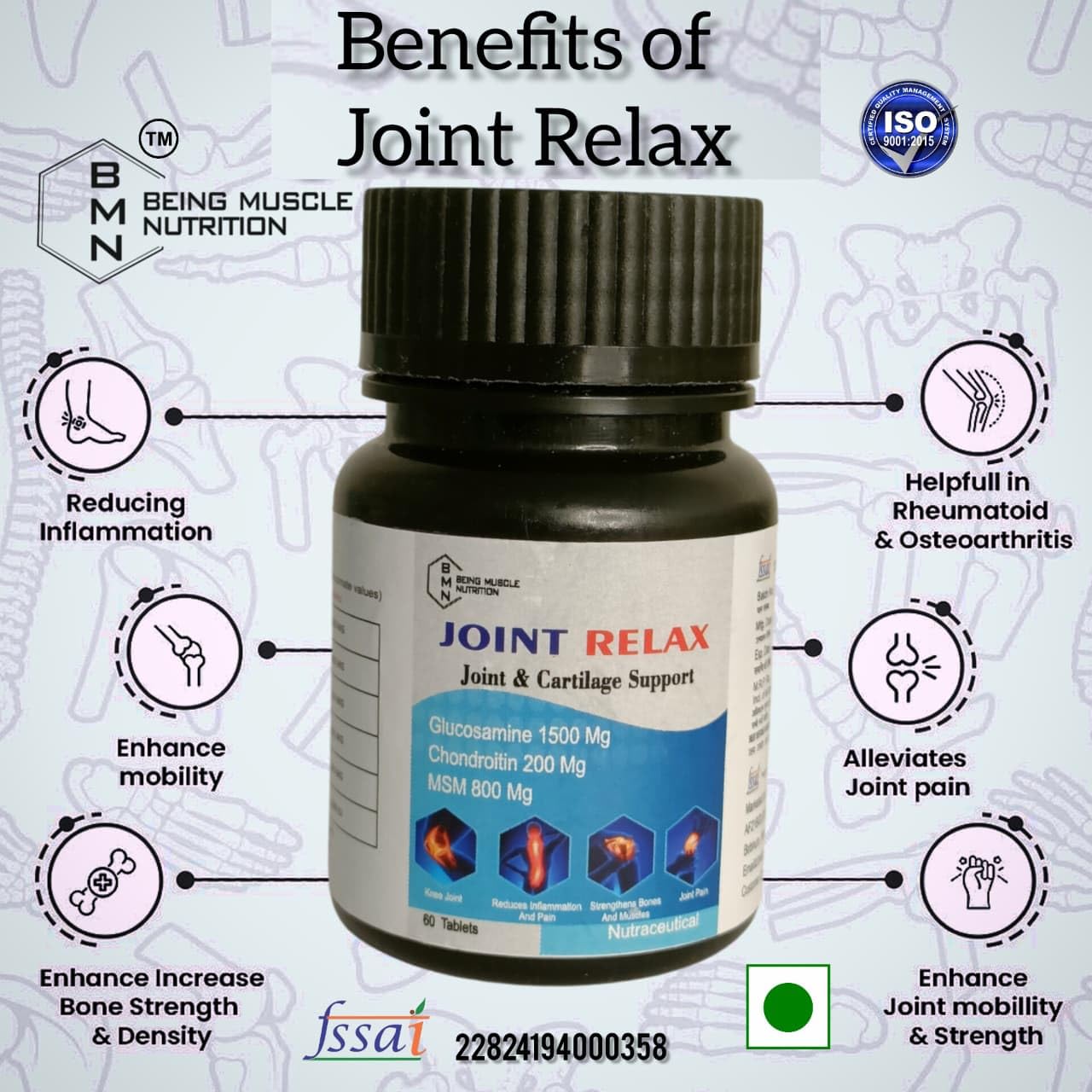Joint Relax (60 Tablets) |Glucosamine & chondroitin and msm, curcuma and collagen With Vitamin D3, Calcium Supplement for Women and Men | For Bone Health & Joint Support.