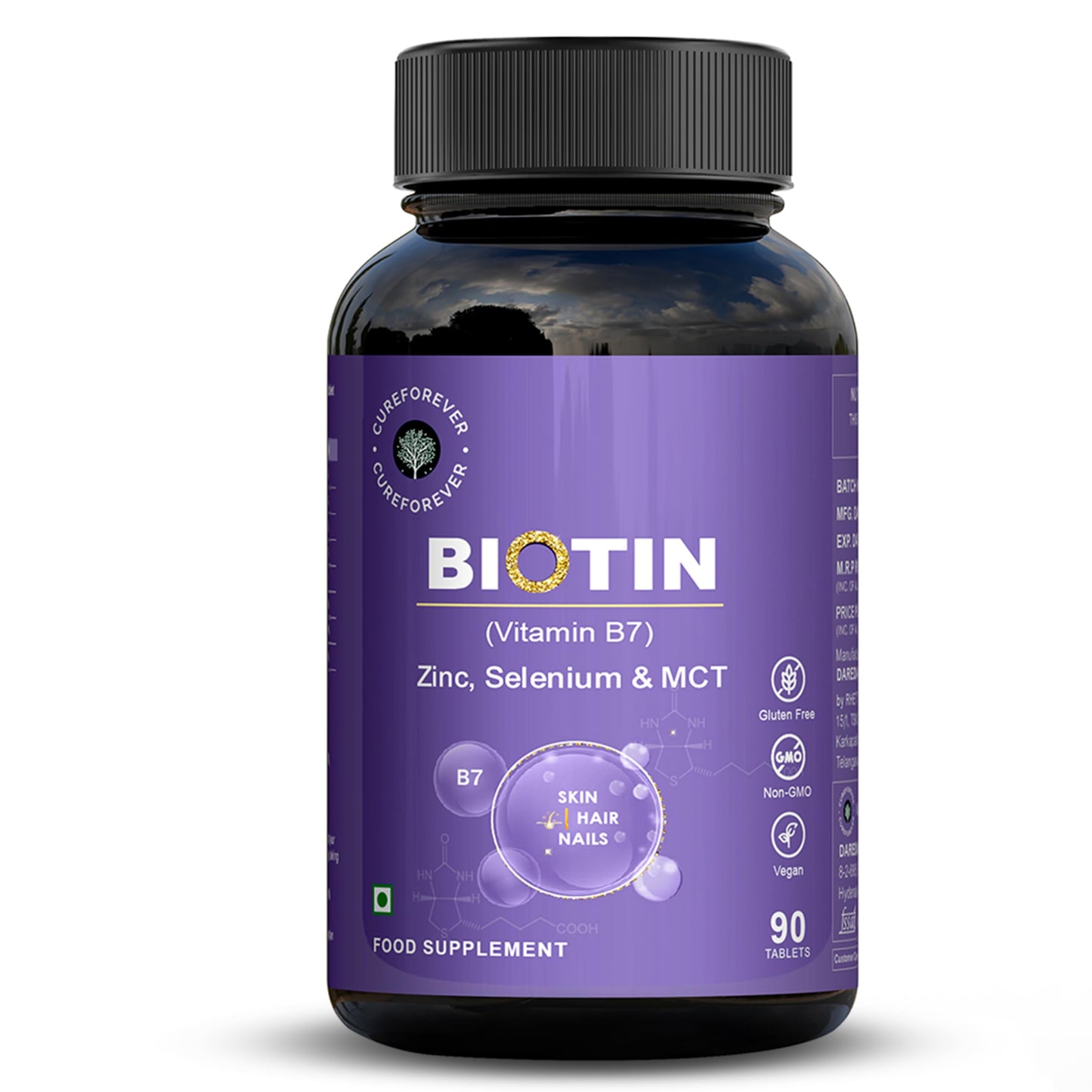 CUREFOREVER Biotin Tablets for Hair Growth, Skin & Nails – 100% RDA with Zinc, Selenium & Coconut MCT | Supplement For Healthy Hair, Nails & Skin | 90 Veg Tablets for Men & Women | 3 Months Supply | 1 Daily Dose