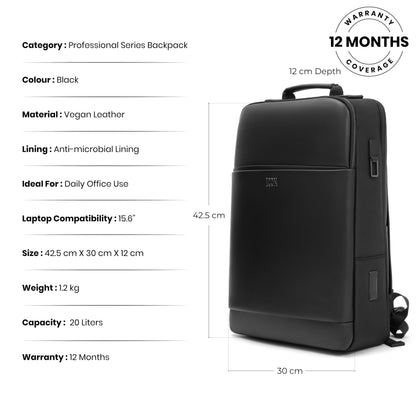 ICON The Professional Laptop Backpack 18L | Premium Vegan Leather Fits 15.6" Laptops | USB Charging Port with Zippers Luggage Sleeve, Water-Resistant & Multipurpose Unisex Bag - Black