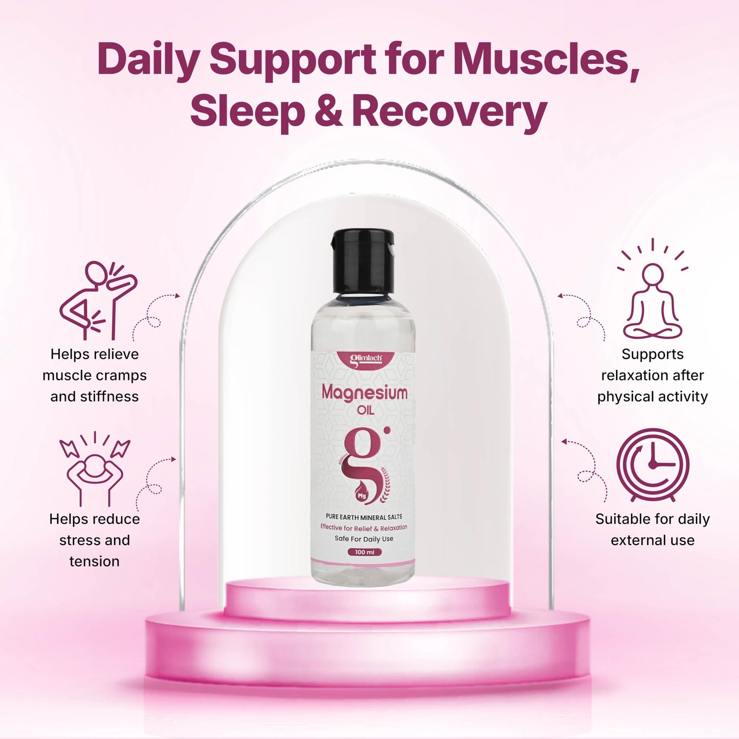 GLIMLACH Magnesium Oil for feet, Sleep Support, Pain Relief & Muscle Recovery | Suitable for Foot Massage and Body Use | Lightweight Formula for Daily Personal Care (100ml, Pack of 1)