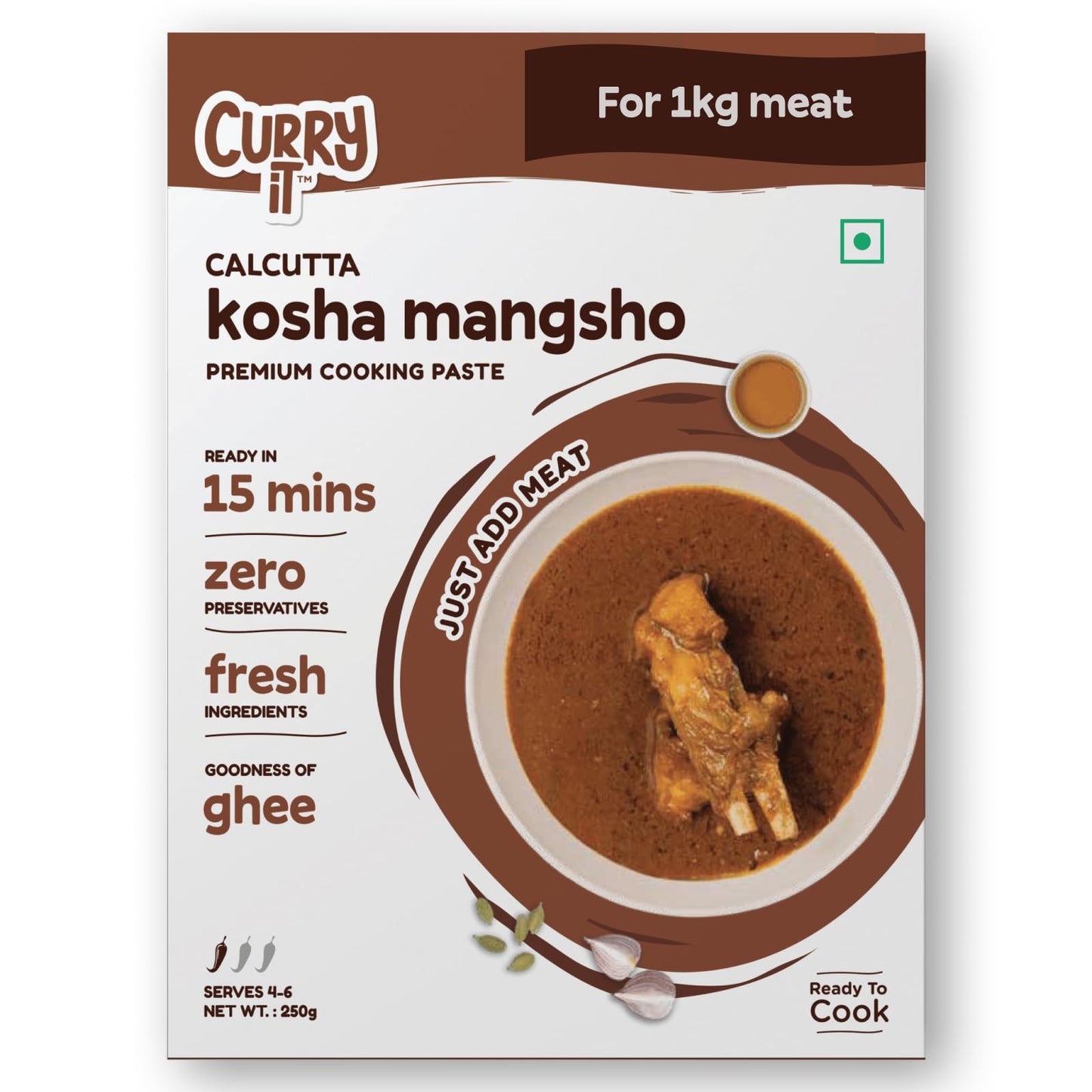 CURRYiT Calcutta Kosha Mangsho Curry Paste 250g | Ready to Cook in 15 mins | Serves 4-6 | Just add Fresh Mutton, Meat, Fish | Goodness of Ghee | No Preservatives | Eat with Chawal Roti | Indian Masala Gravy