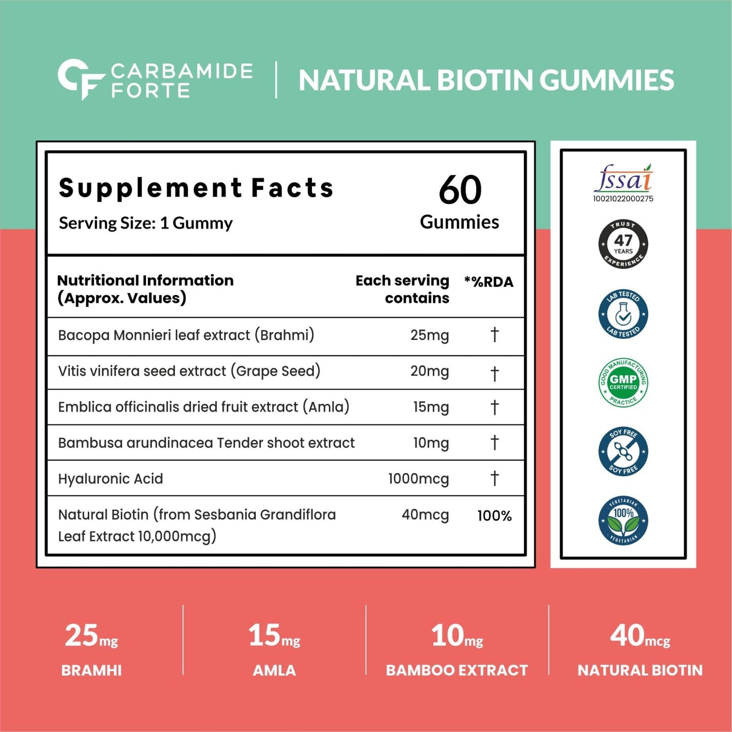 Carbamide Forte Biotin Gummies for Hair Growth|Hair growth Gummy for Longer, thicker and Healthier Hair | Biotin Supplement for Men & Women - 60 Veg Strawberry-flavoured Gummies