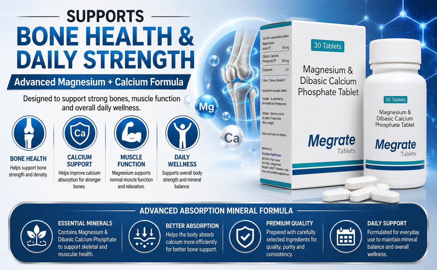 Docttray Megrate Magnesium and Dibasic Calcium Phosphate Tablets-30 Tablets