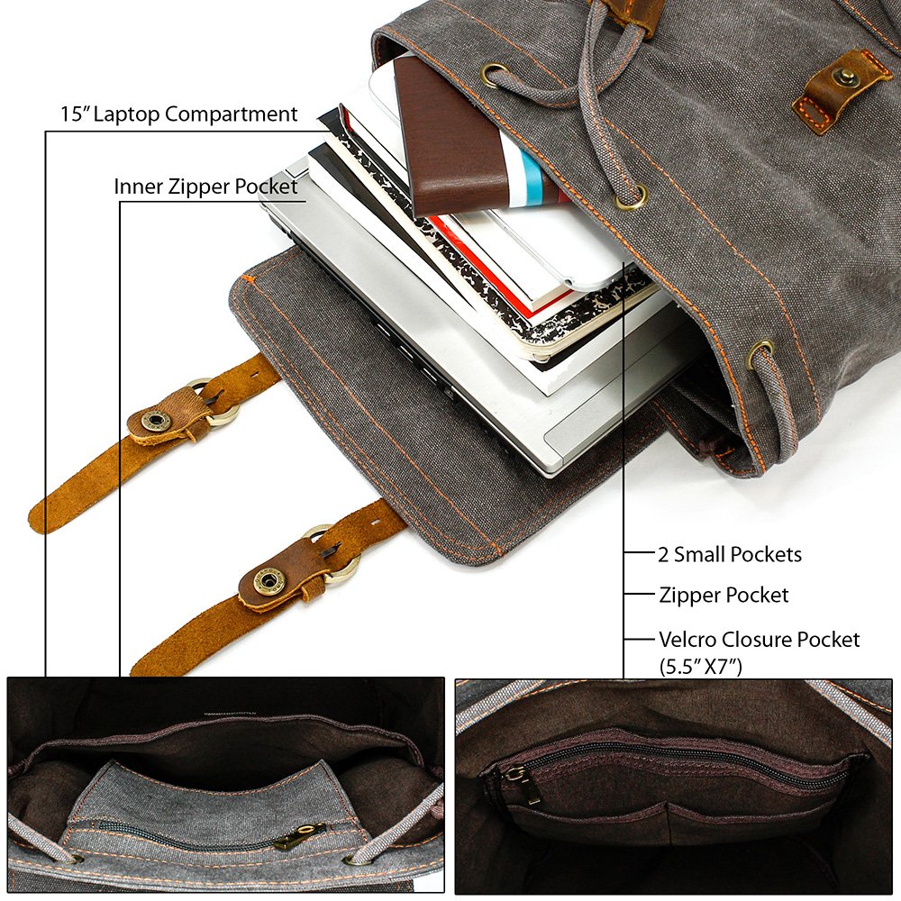 GEARONIC TM 21L Vintage Canvas Backpack for Men Leather Rucksack Knapsack 15 inch Laptop Tote Satchel School Military Army Shoulder Rucksack Hiking Bag Gray