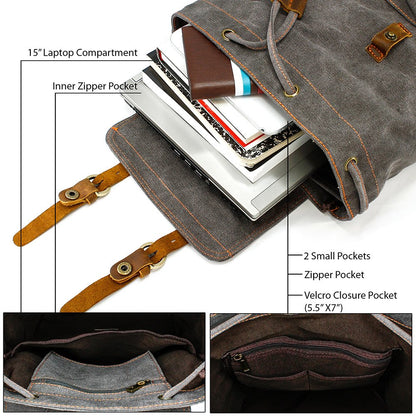 GEARONIC TM 21L Vintage Canvas Backpack for Men Leather Rucksack Knapsack 15 inch Laptop Tote Satchel School Military Army Shoulder Rucksack Hiking Bag Gray