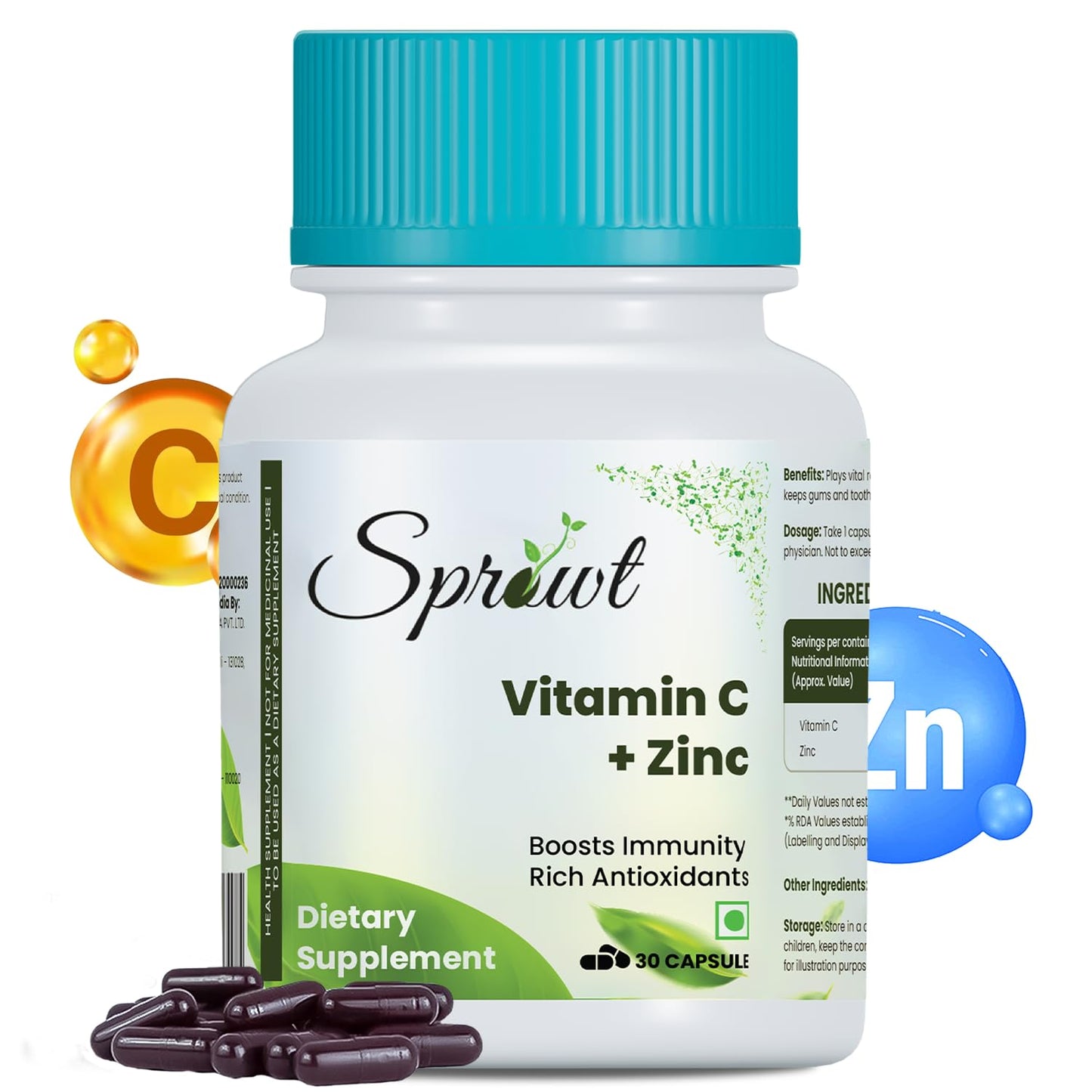 Sprowt Plant-Based Vitamin C with Zinc Capsules 30 Cap- Immune support supplement, Collagen Boost, Nutrient Absorption, Antioxidant Rich - Gluten-Free Formula