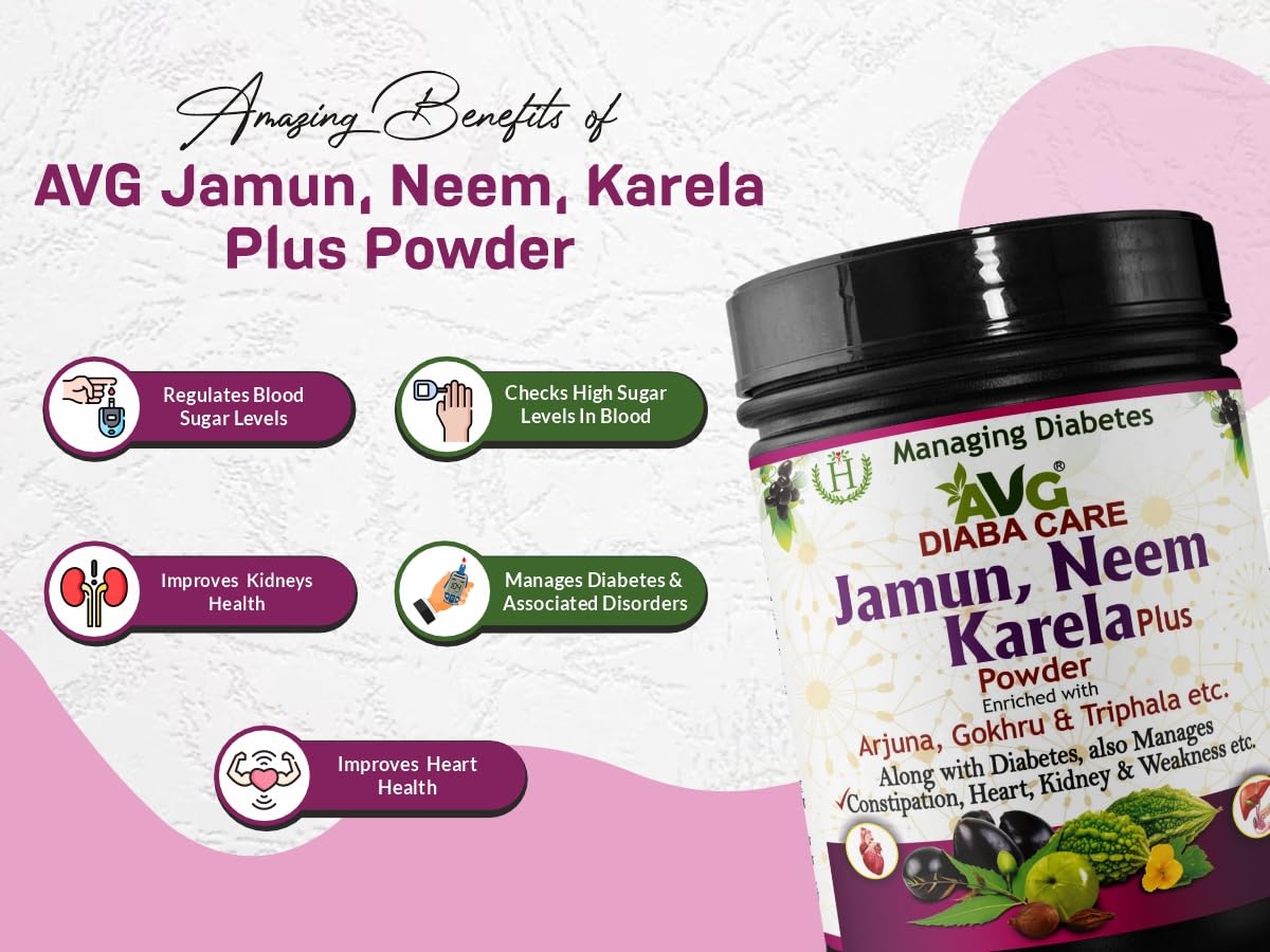 AVG Health Organics Jamun, Neem & Karela Plus Powder 200g, Diabetes Care Ayurvedic Supplement with Arjuna, Gokhru & Triphala for Diabetes Care and Weakness.