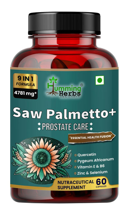 Humming Herbs Saw Palmetto Plus Urinary Support - Enhanced Formula with Quercetin, Turmeric, Pygeum, Vitamins E & B6, Zinc, Selenium for Men's Health - Veg Capsules - Herbal Supplement