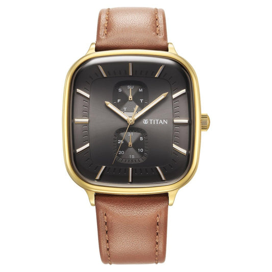 Titan Avant Garde Gray Dial Quartz Multifunction Leather Strap Watch for Men-NS9