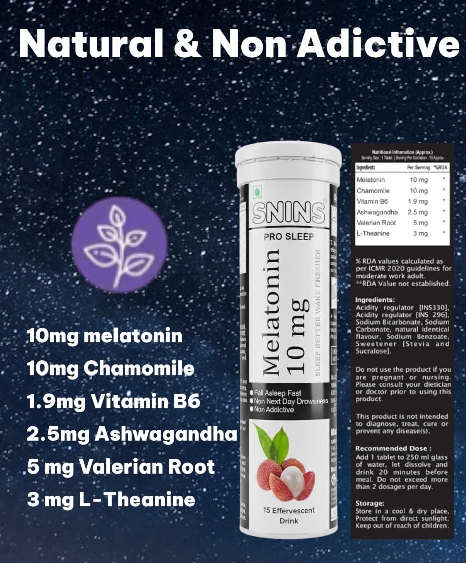 SNINS Pro Sleep 10 mg Melatonin 15 Effervescent & Stress Relief Vitamin with Ashwagandha No Added Sugar - 15 Litchi DRINK