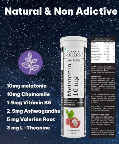 SNINS Pro Sleep 10 mg Melatonin 15 Effervescent & Stress Relief Vitamin with Ashwagandha No Added Sugar - 15 Litchi DRINK