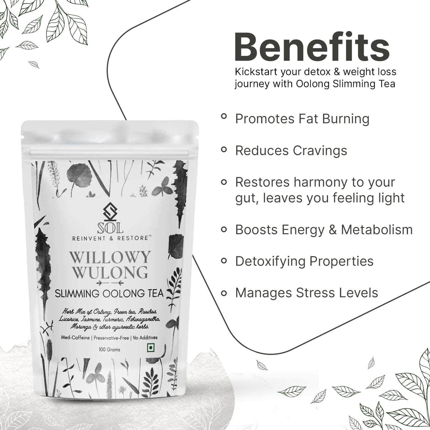SOL Healthy Gut Slimming & Detox Tea | Ayurvedic Herbs Moringa, Rooibos, Ashwagandha, Gymnema, Licorice | Helps Burn Stored Fat | 100 Gms Loose Leaf