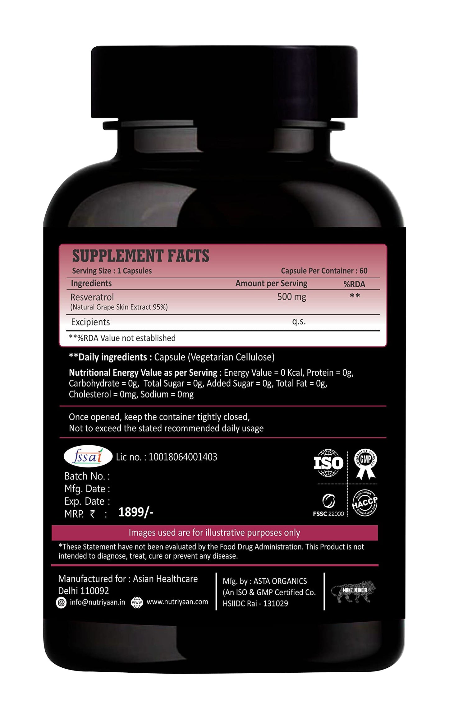 Nutriyaan Advanced Resveratrol For Glowing Skin And A Radiant Heart (500mg, 60 Veg Capsules)