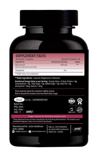Nutriyaan Advanced Resveratrol For Glowing Skin And A Radiant Heart (500mg, 60 Veg Capsules)