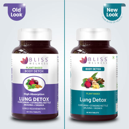 Bliss Welness Lung Detox,Curcumin Stinging Nettle Arjuna Vasaka Beetroot Punerneva Trikatu Kateri Echinecea Piperine,Repair Pollution Damage Cleanse Respiratory Support Tar-60 Vegetarian Tablets