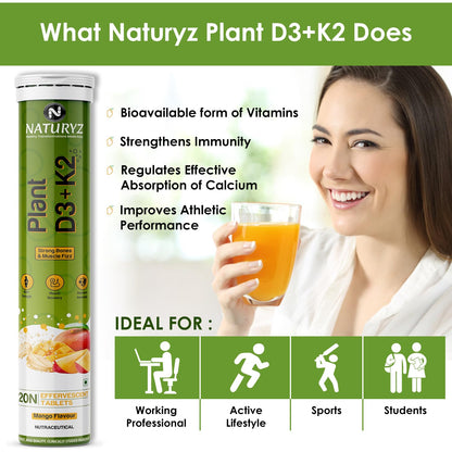 Naturyz 100% Plant Vitamin D3 K2 | Veg Vitamin D3 Supplement Lichen Source with Vitamin K2 MK7 Menaquinone | Supports Stronger Immunity | Bone & Heart Health for Men & Women (Mango Flavour)-20 Tablets