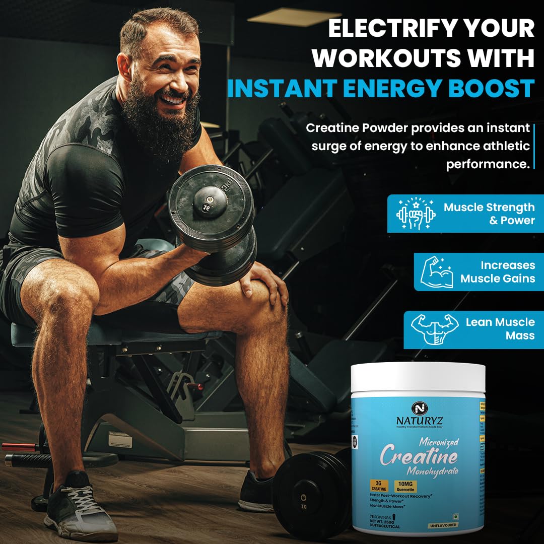 NATURYZ Pure Micronized Creatine Monohydrate | Rapid Absorption | Quercetin | Muscle Strength & Power for Intense Workout | Supports Athletic Performance | Enhances Lean Muscle Volume - 250g(Unflavoured)