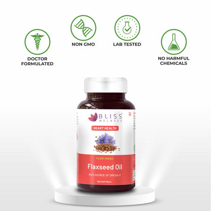 Bliss Welness Organic Flaxseed Oil 2000mg | Extra Virgin Cold Pressed Omega 3 6 9 Oil | Hair Skin Heart Brain Eye Skin Joint Immune Health Supplement - 60 Softgel Capsules