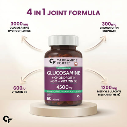 Carbamide Forte Glucosamine Tablets For Joint Support Supplement with Vitamin D3 & Glucosamine Chondroitin MSM | Joint Cartilage Support & Muscle Health | Joint Support Tablets - 60