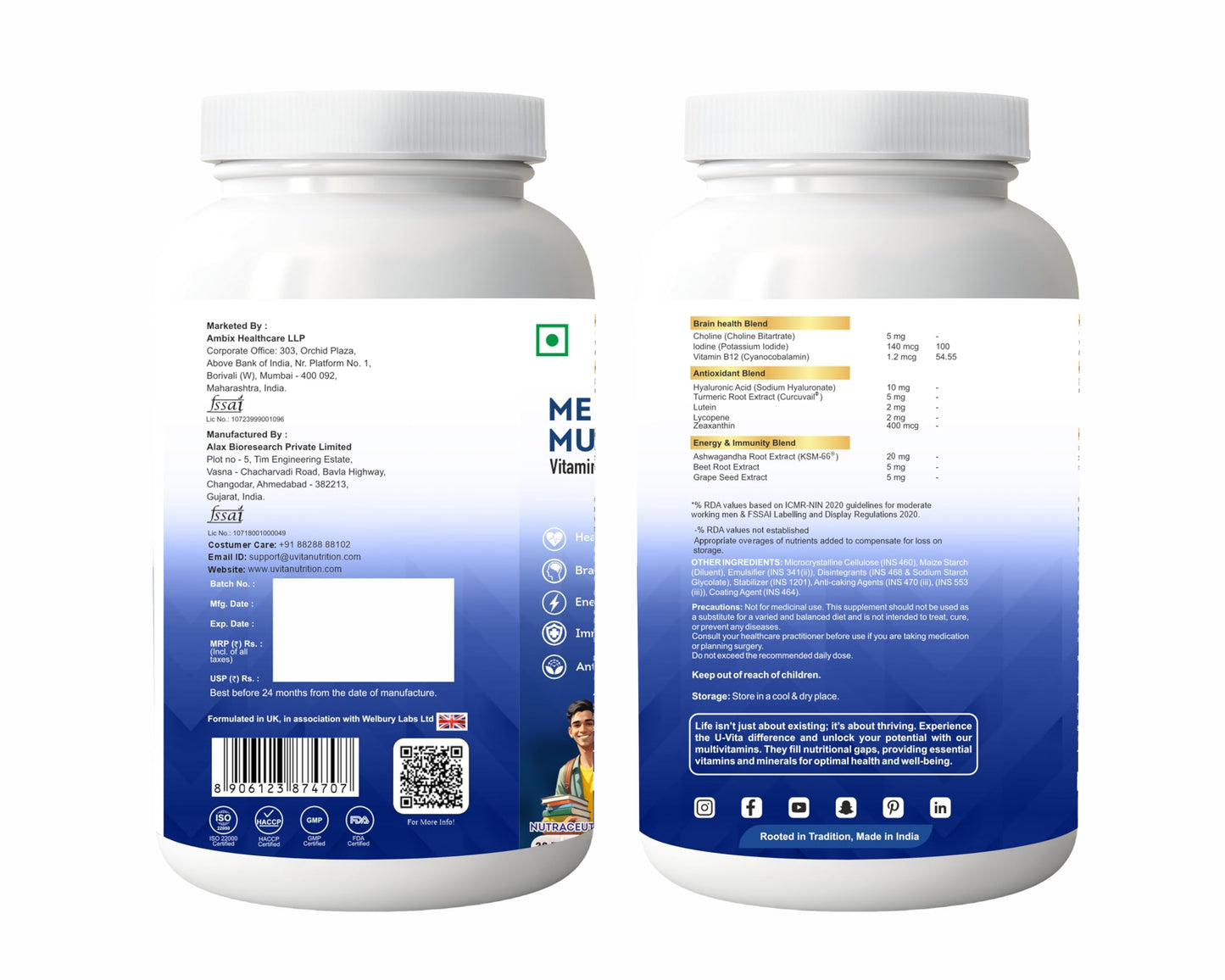 U-VITA Multivitamin for Men | Multivitamin tablet for men | Men38 Essential Vitamins, Minerals & Herbal extracts | Ashwagandha, Ginseng, Grape Seed Extracts | For Energy & Overall Vitality | 30 Veg Tablets | Formulated in the UK