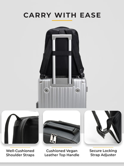 EUME Nexa Backpack Bag For Man, Charcoal Black | 2 Large Compartment office Laptop Backpack | Fits Up to 15.6" Laptop | Vegan Leather | Travel Bag | Laptop Backpack For Men and Women