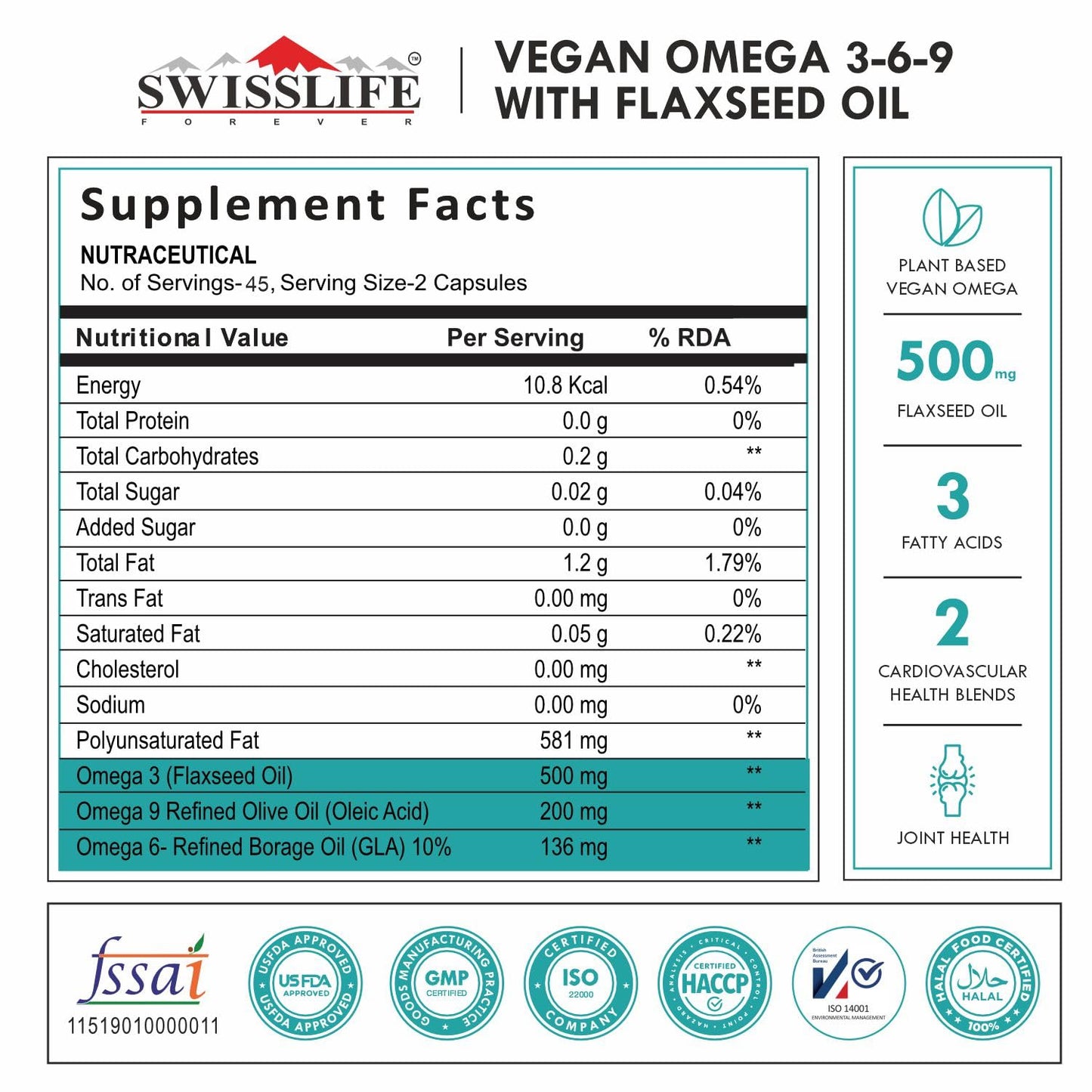 SWISSLIFE FOREVER Vegan Omega 3 6 9 (90 Capsules) for Men & Women | Flaxseed, Borage and Olive Oils | for Heart, Skin, Hair, Joint, Mood & Muscles