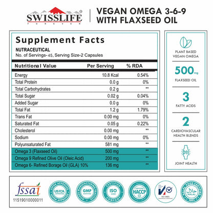 SWISSLIFE FOREVER Vegan Omega 3 6 9 (90 Capsules) for Men & Women | Flaxseed, Borage and Olive Oils | for Heart, Skin, Hair, Joint, Mood & Muscles