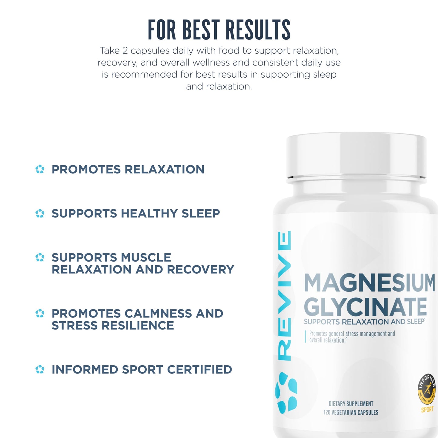 Revive MD Pure Magnesium Glycinate – High Absorption Supplement for Relaxation, Stress Relief, Sleep & Memory Support – 120 Veg Capsules