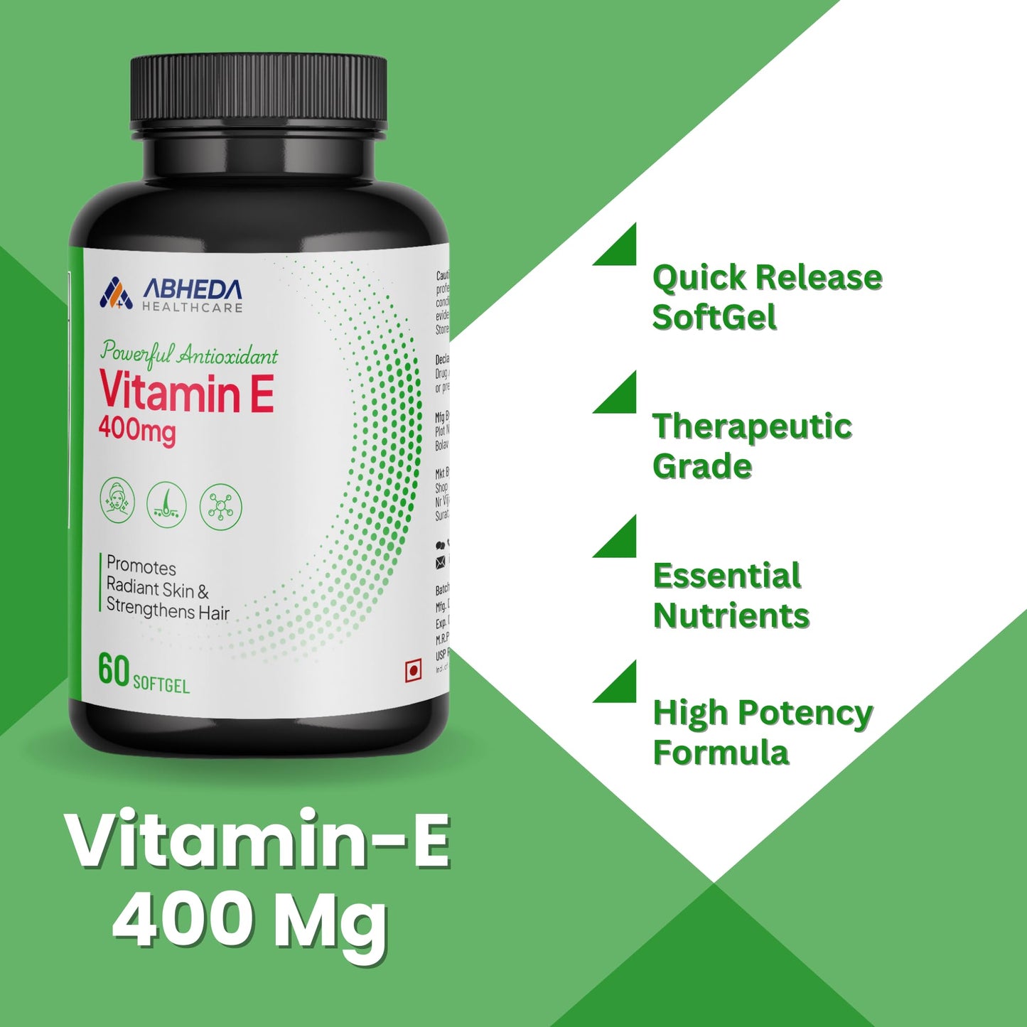 ABHEDA HEALTHCARE Vitamin E 400mg - 60 Softgels - Promotes Healthy Hair, Skin & Nails - Potent Antioxidant, Supports Immune & Skin Health
