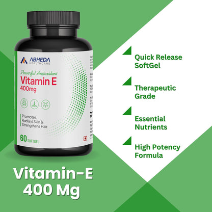 ABHEDA HEALTHCARE Vitamin E 400mg - 60 Softgels - Promotes Healthy Hair, Skin & Nails - Potent Antioxidant, Supports Immune & Skin Health