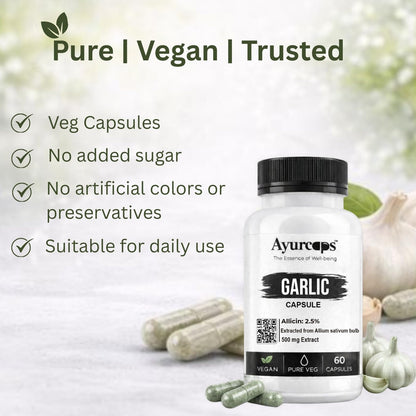 Ayurcaps Garlic 500mg 60 Veg Capsules | Odor Control Herbal Supplement | Supports Heart Health And Healthy Cholesterol Levels | Immune And Antioxidant Support | Vegan, Gluten-free (Pack of 1)