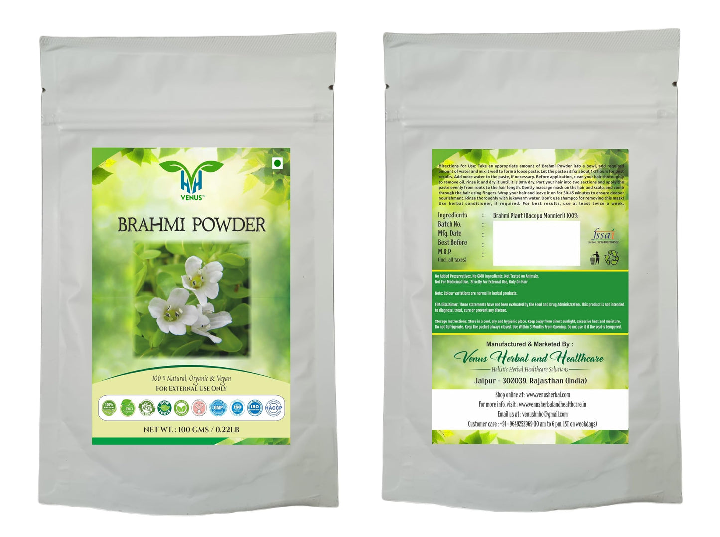 VENUS Unisex Brahmi Powder For Hair Care | Natural - 100% Ground Bacopa Monnieri Plant Powder (100 Grams)