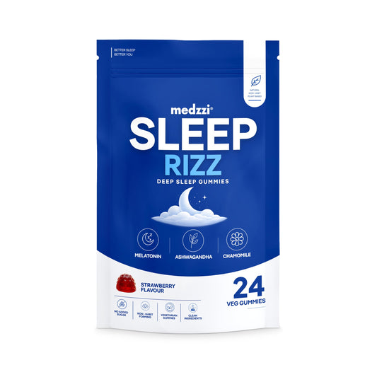 Medzzi Sleep Rizz Gummies with Melatonin, Ashwagandha & Chamomile | Promotes Deep Sleep, Reduces Stress & Calms Mind | Strawberry Flavour | 24 Veg Gummies