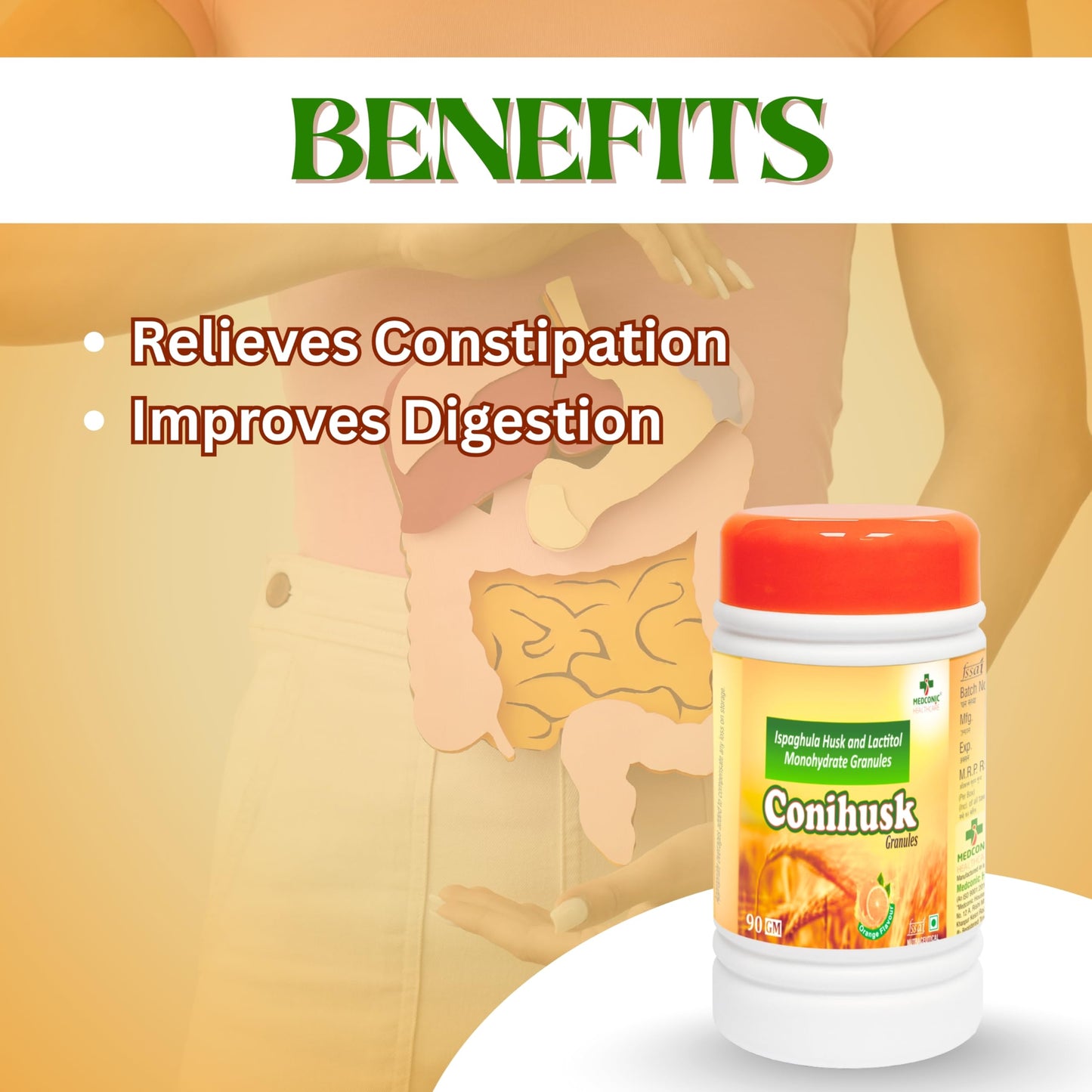 Medconic Healthcare Conihusk Granules – Natural Digestive Fiber with Ispaghula Husk & Lactitol Monohydrate, Supports Healthy Bowel Movements, 90 GM