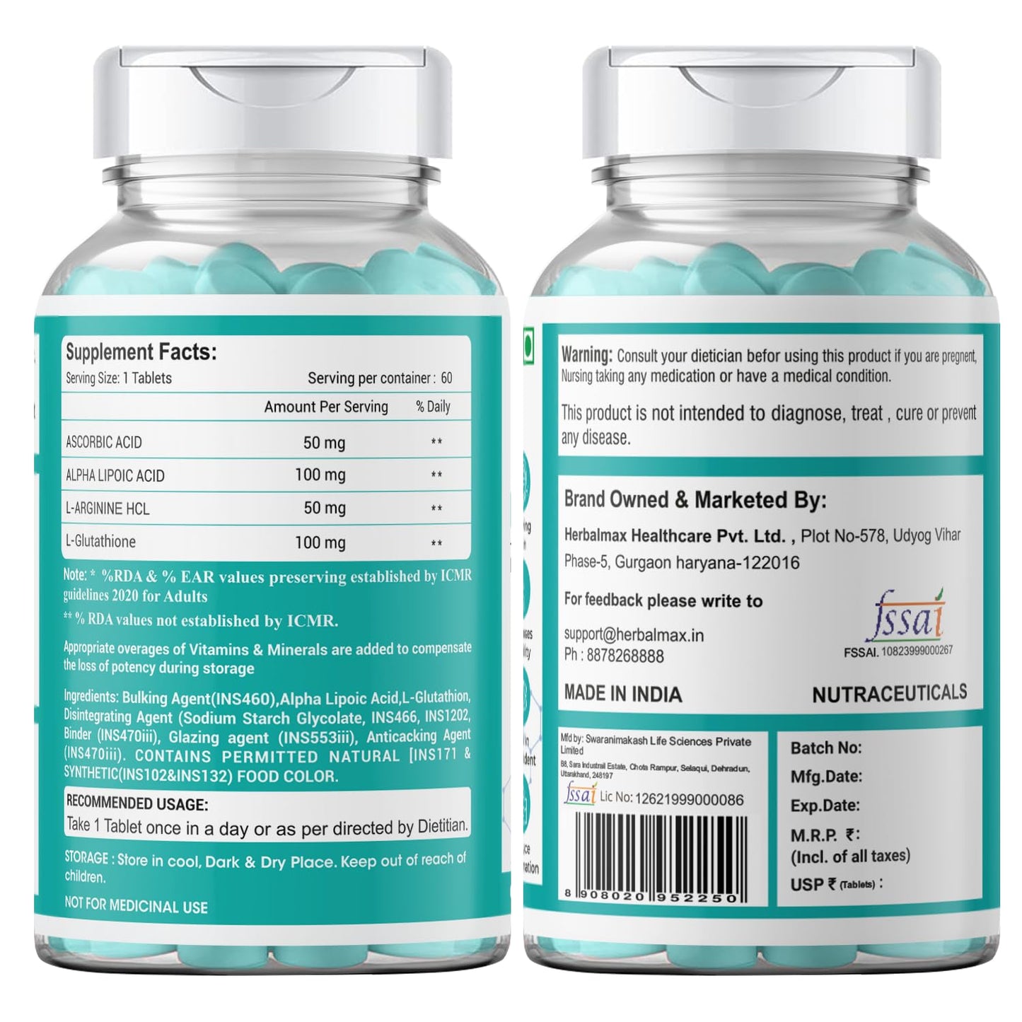 Herbal Max Collagen & Glutathione Combo | With Vitamin C & Peptides | Supports Anti-Aging, Skin Clarity, Collagen Boost, Joint & Bone Health, Antioxidant Protection 120 Tablets (60+60)
