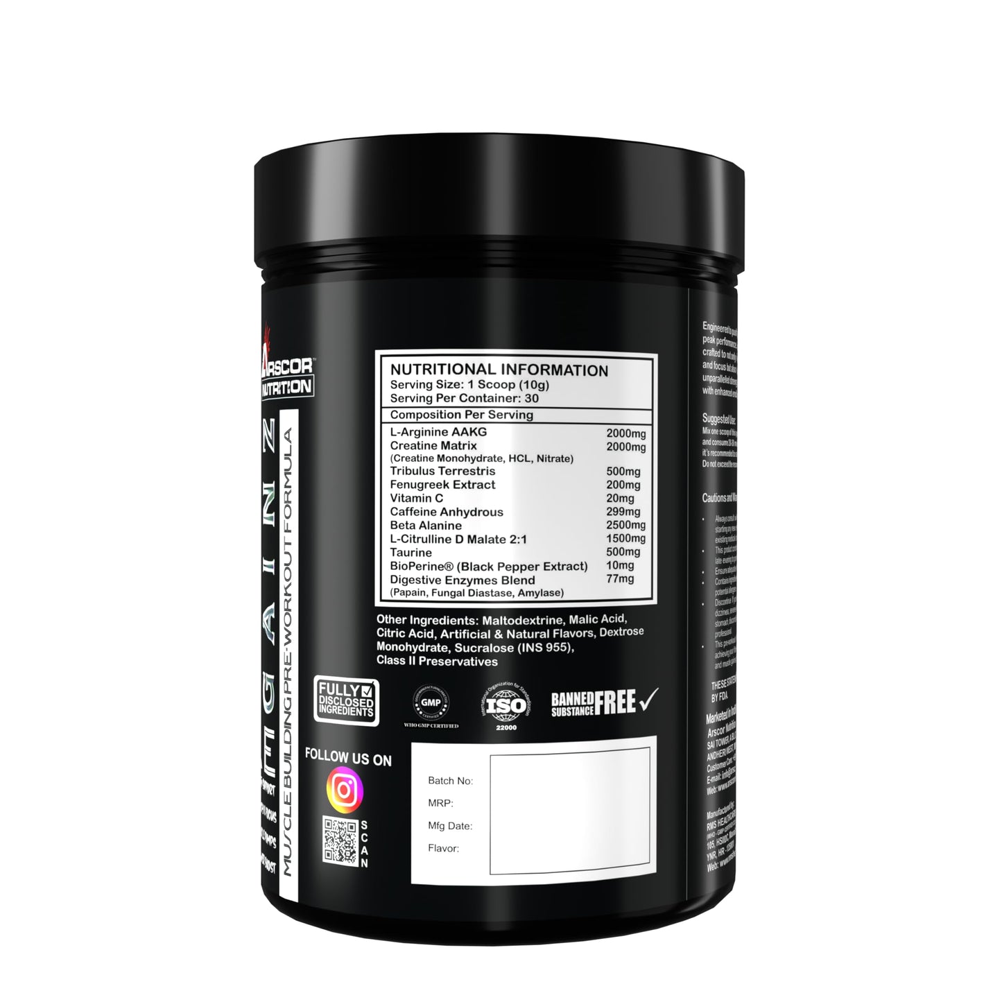 Gainz Pre Workout Powder: Hybrid Pre-workout Supplement for Muscle Gain & Energy Booster with 2000mg Creatine Matrix , 2000mg L Arginine AAKG, 2500mg Beta-Alanine, 299mg Caffeine Anhydrous,1500mg L-Citrulline D Malate 2:1 (300g, Rocket Pop)