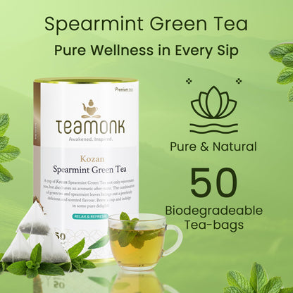 Teamonk Kozan High Mountain Spearmint Green Tea (50 Biodegradable Pyramid Bags) | Premium PCOS Tea For Women | Rectifies Hormonal Balance, Acne & Facial Hair | Helps Stress Relief & Memory