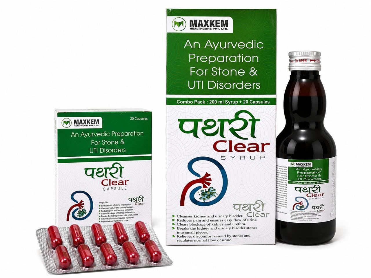 MAXKEM Pathri Clear Syrup & Capsules Combo Pack | Ayurvedic Preparation for Urinary Wellness | 200 ml Syrup + 20 Capsules | Herbal Kidney & Urinary Tract Care Supplement