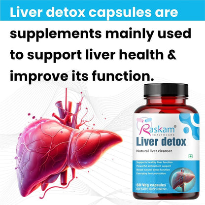 Raskam Liver Detox Supplement - Natural Detoxification Formula - Milk Thistle - Digestive Enzymes - Supports Liver - Fit Health Fatty Liver Care - Body Detox Support - 100 Capsules