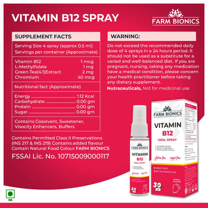 FARM BIONICS Vitamin B12 Oral Spray, 30Ml | 100% Vegetarian | Sugar Free | Gluten Free | Immunity Booster Spray For Men & Women | Pocket Friendly (Mango), Drop, Pack Of 1