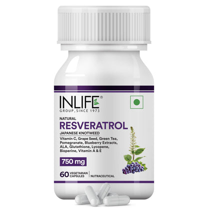 INLIFE Resveratrol Supplements - 750 mg Antioxidant Formula with Japanese Knotweed (Trans-Resveratrol), Grape Seed, Lycopene, Vitamin E & C - 60 Veg Capsules