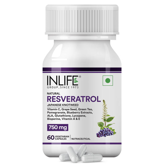 INLIFE Resveratrol Supplements - 750 mg Antioxidant Formula with Japanese Knotweed (Trans-Resveratrol), Grape Seed, Lycopene, Vitamin E & C - 60 Veg Capsules