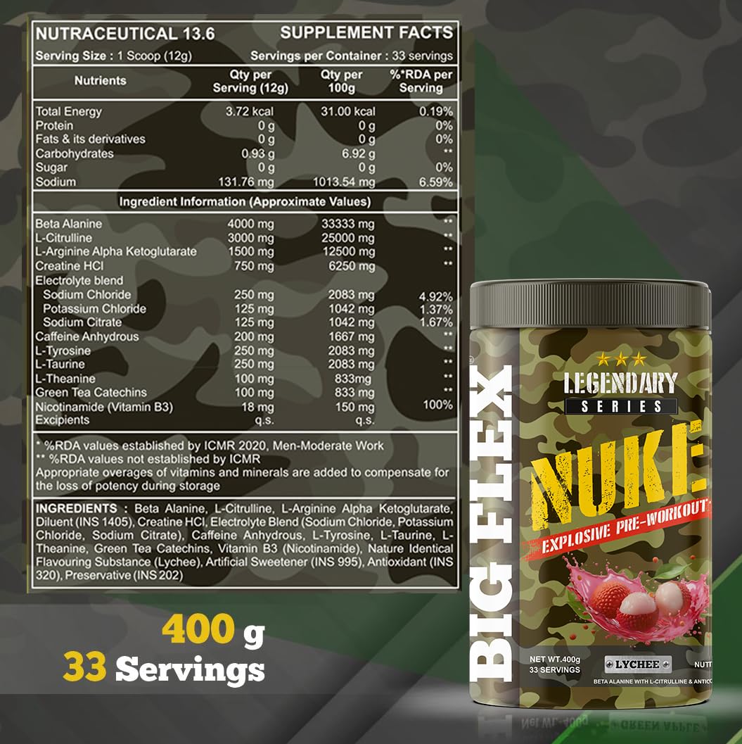 Bigflex Nuke Pre Workout Powder| 33 Servings |Energy Booster (Lychee, 400Gm)