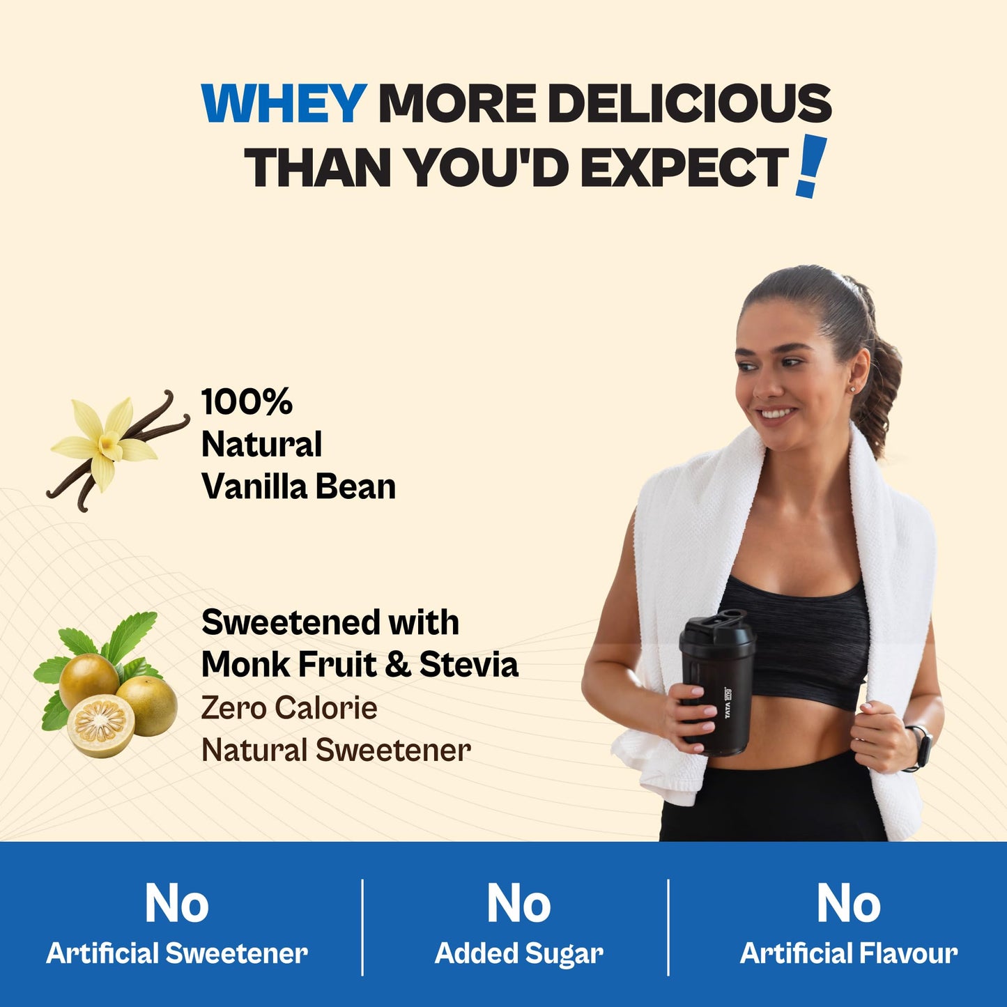 Tata 1mg Ultra Clean Whey Protein Isolate + Concentrate - Vanilla Bean 1kg | 24g Protein, 5.6g BCAA & 30B CFU Probiotics-28 Sachets