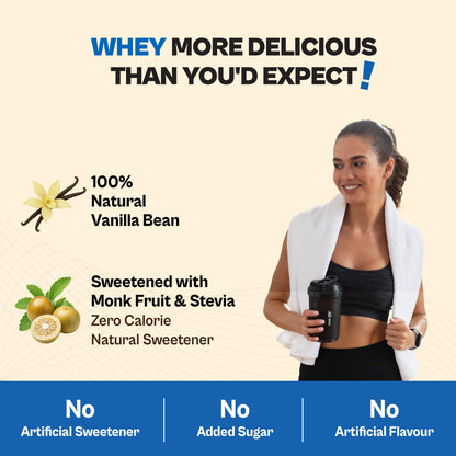 Tata 1mg Ultra Clean Whey Protein Isolate + Concentrate - Vanilla Bean 1kg | 24g Protein, 5.6g BCAA & 30B CFU Probiotics-28 Sachets