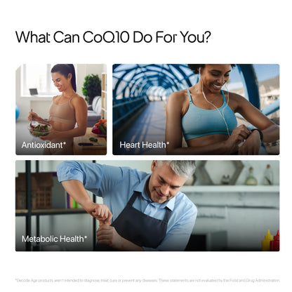 Decode Age CoQ10 100mg, Coenzyme Q10 with Piperine, 99% Pure, Higher Energy Levels, Antioxidant, Healthy Heart, 60 Veg Capsules