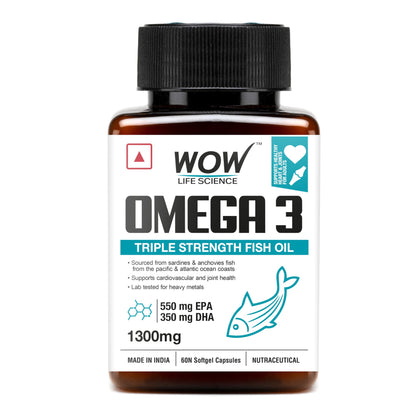 WOW Omega-3 Fish Oil 1300 mg Triple Strength 550mg EPA 350mg DHA, Burpless, Mercury free, Ideal for Keto Diet